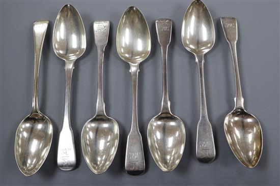 Six assorted George III silver fiddle pattern tablespoons and one George III silver Old English pattern tablespoon, 15.5 oz.